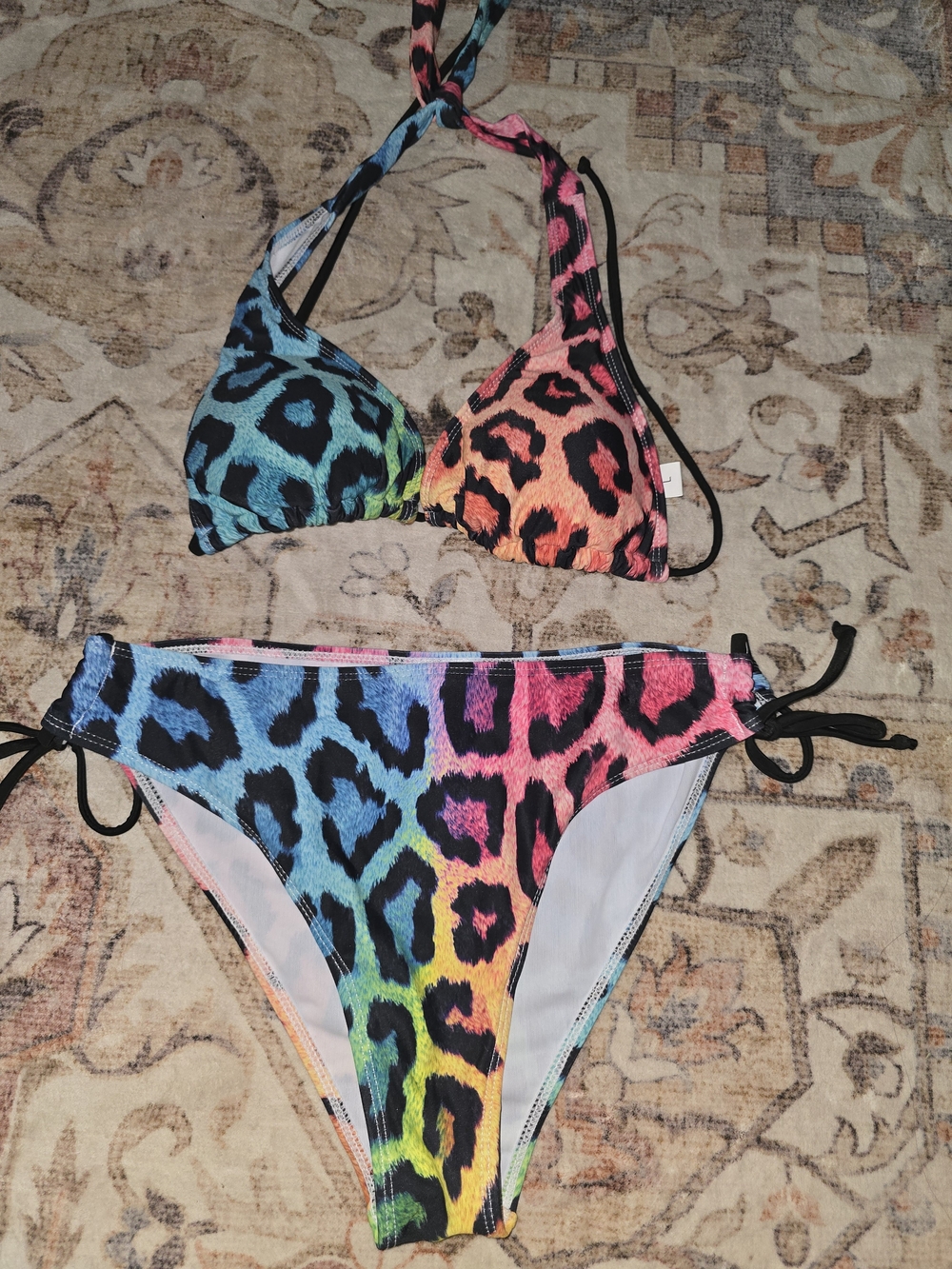 Multicolor Rainbow Leopard Print Triangle Bikini Top and Bottom Set
